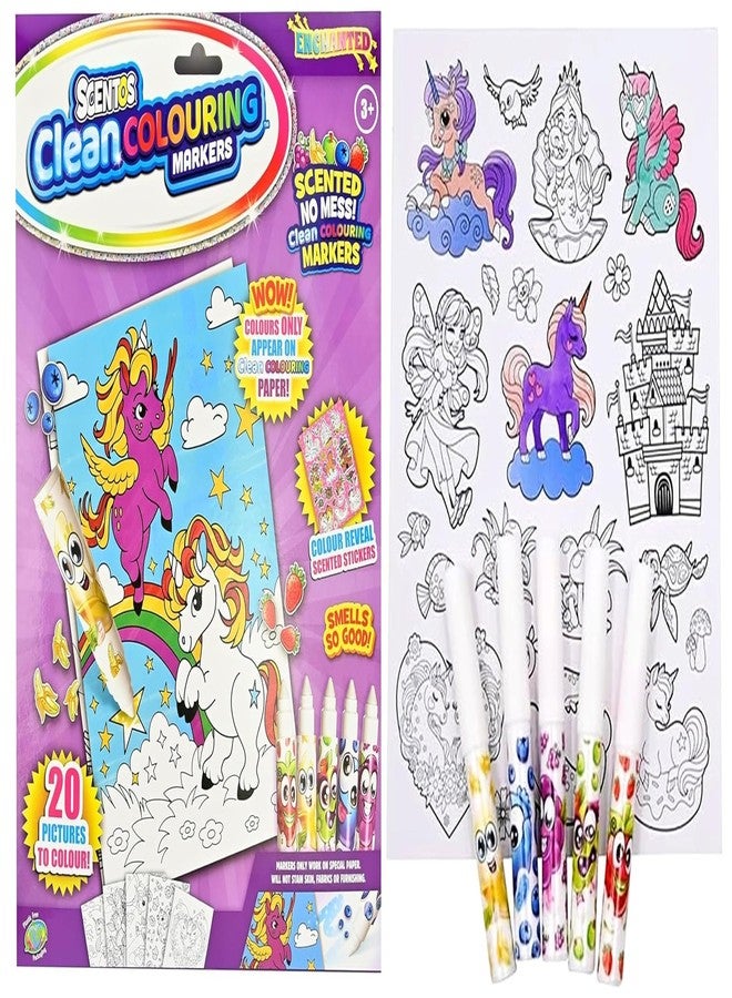 Scentos CleanColouring™ Markers Enchanted Unicorn Set By Fratelli | 20 pictures to color, Colour Reveal Stickers and 5 Scented Clean Colouring Markers - Image 1